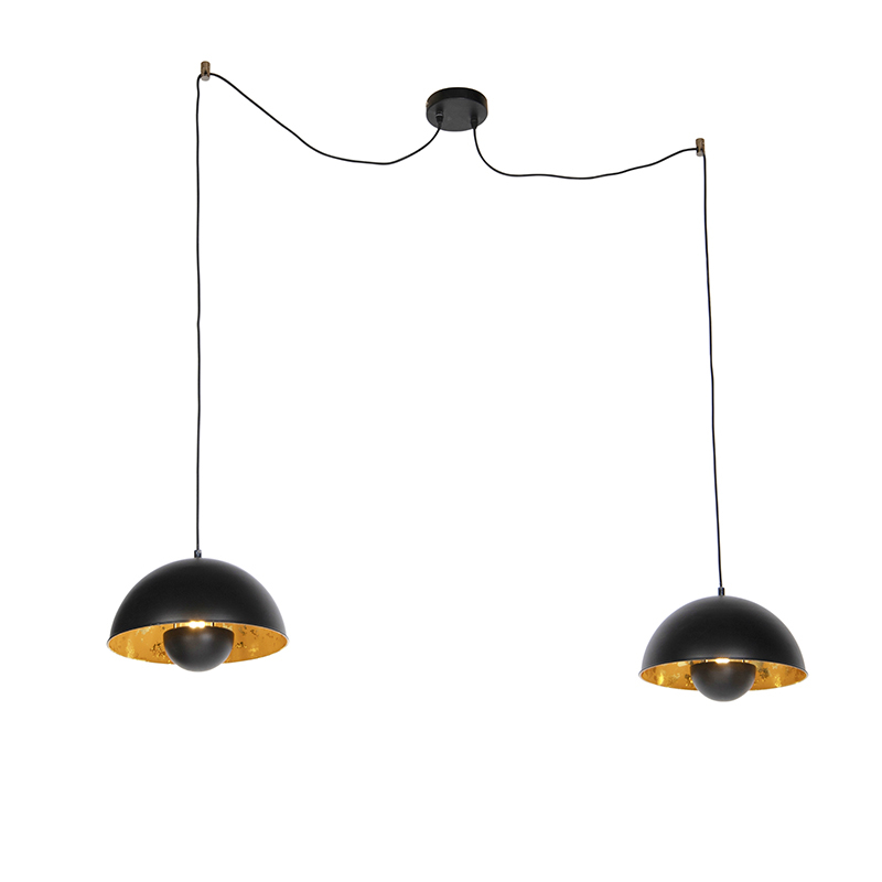 QAZQA Industriele hanglamp zwart met gouden binnenkant 2-lichts - Magna