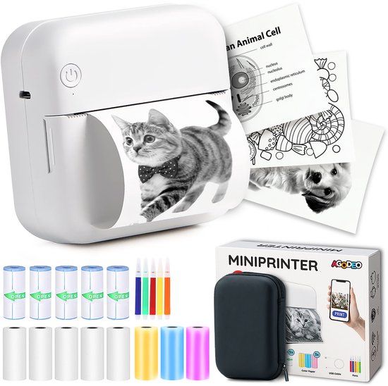 Agodeo Mini Printer - 300 DPI - Pocket Printer - Fotoprinter voor Mobiel - Mini Printer Incl. 1 Harde Etui + 13 Rollen Papier (Sticker, Normaal, Kleur) + 5 Pennen - Pocket Printer Smartphone - Sticker Printer - Fotoprinter Mobiel