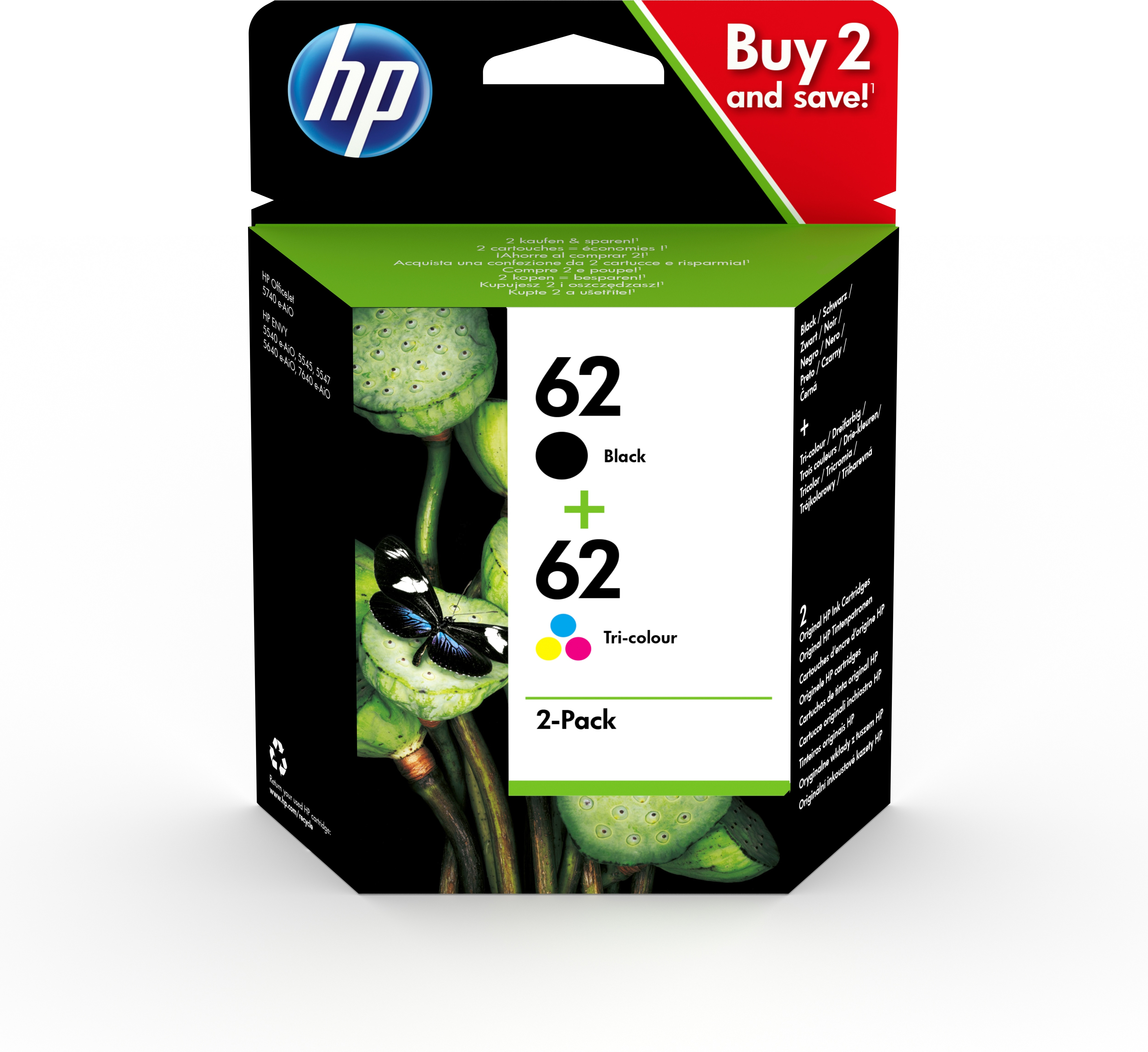 HP   62 originele zwarte/drie-kleuren inktcartridges, 2-pack