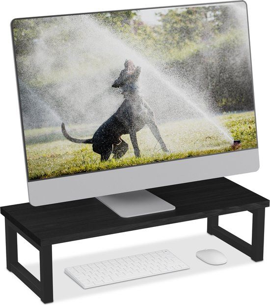 Relaxdays monitorstandaard bureau - tot 20 kg - mdf - ijzer - 15 x 55 x 23 cm - zwart