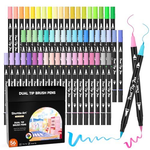 Shuttle Art Dual Brush Pen Set, 56 Pastel Kleuren Dubble Viltstiften met Borstel & Fijn Tip
