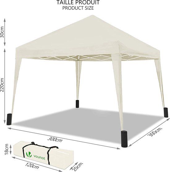 VOUNOT Partytent Opvouwbaar 3x3m - Pop Up Tuintent - UV-bescherming 50+ - Wit