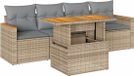 vidaXL 5-delige Loungeset met kussens, polyrattan en acaciahout, beige