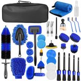 Kit de nettoyage de voiture - 36 pièces - Jeu de brosses - Brosse de détail - Chiffon en microfibre - Avec sac de transport