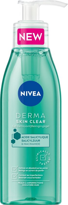 NIVEA DERMA Skin Clear Reinigingsgel - Voor de onzuivere huid - Met Salicylzuur (AHA) en Niacinamide - Anti Acne, Puistjes en Mee-eters - Gezicht Wassen - 150 ml