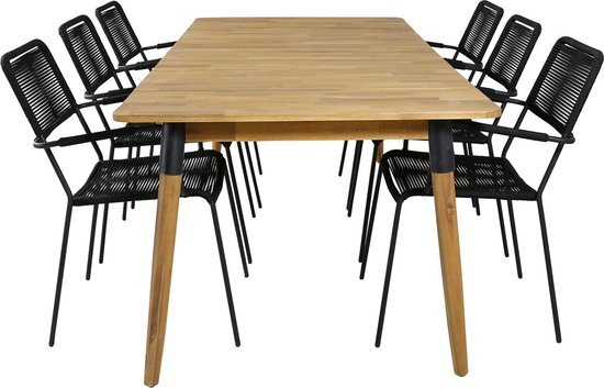 Hioshop Julian tuinmeubelset tafel 100x210cm en 6 stoel armleuning Lindos zwart, naturel.