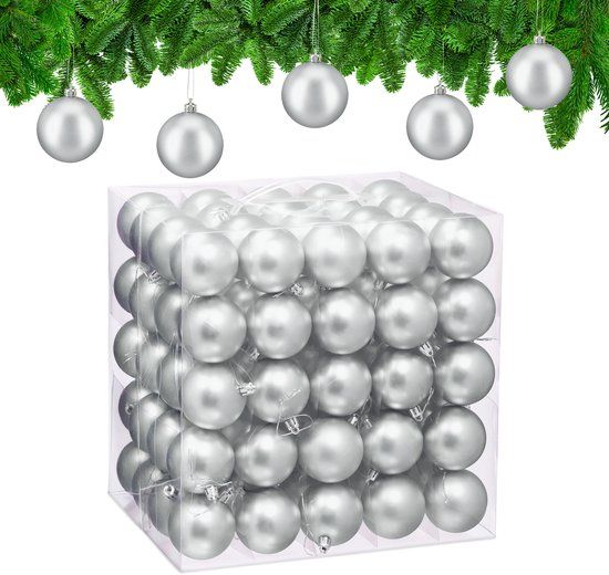 Relaxdays Kerstballen set van 100 - Ø 6 cm - Mat - Kunststof - Zilver