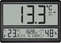 TFA Digitale XL wandklok, 60.4523.01, met buitentemperatuur en binnenklimaat, radiografische klok, 24-uurs weergave, volledige datum, zwart, (L) 360 x (B) 235 x (H) 28 (84) mm