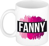 Bellatio Decorations Fanny naam cadeau koffie mok - beker - met roze verfstrepen - Cadeau collega - moederdag - verjaardag - juf - coach - 300 ml - wit
