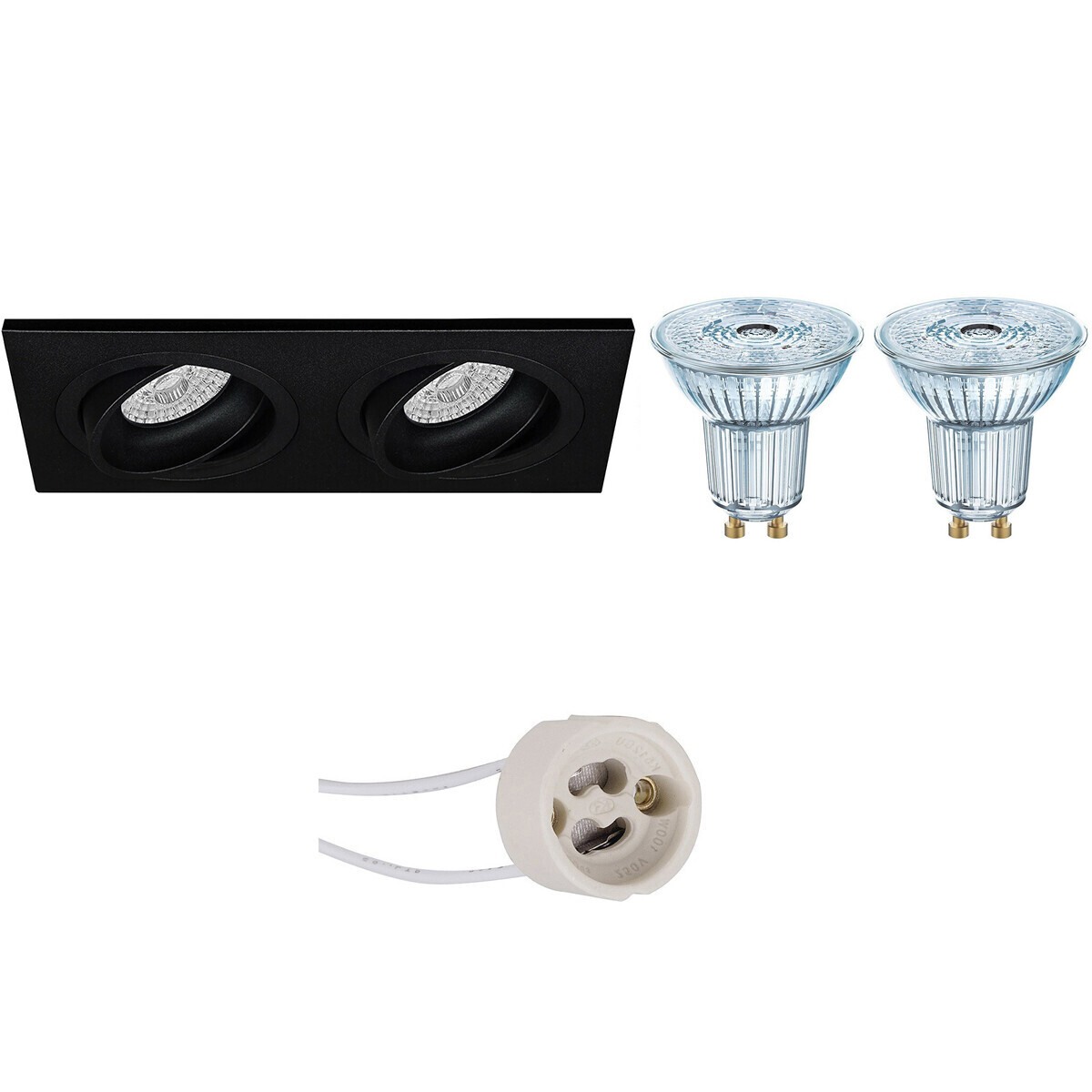 Osram - LED Spot Set - Parathom PAR16 930 36D - Pragmi Borny Pro - GU10 Fitting - Dimbaar - Inbouw Rechthoek Dubbel - Mat Zwart - 3.7W - Warm Wit 3000K - Kantelbaar - 175x92mm