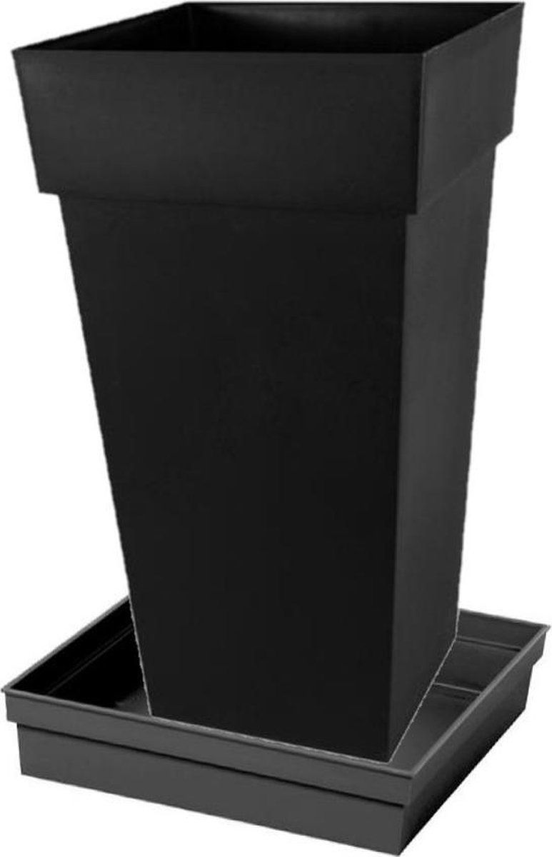 EDA Bloempot Toscane vierkant kunststof zwart L43 x B43 x H80 cm met onderschaal - Bloempotten/plantenpotten set