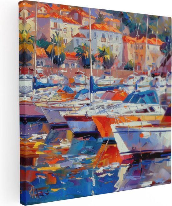 Artaza Canvas Schilderij Kunstwerk van Boten Aangemeerd in een Haven - 60x60 - Canvas Print