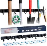 Unyqoos® Support mural en acier inoxydable 49 cm – Support pour outils et balais avec 4 pinces (17–30 mm) et 5 crochets, acier inoxydable, adhésif ou vissable