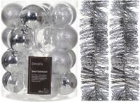 Decoris Kaemingk B.V. Kerstversiering set - zilver - kerstballen 6 cm en kerstslingers - kunststof