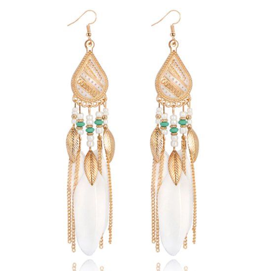 Deja Jewels Lookinggoodtoday Bohemian oorhangers met witte veren en kraaltjes 135 mm