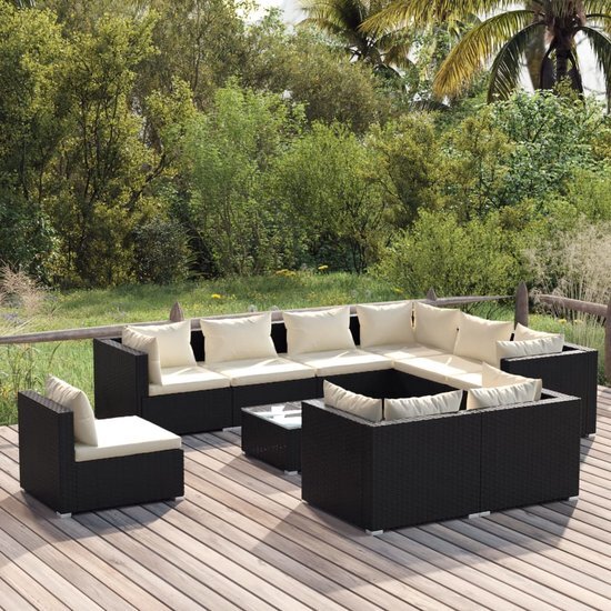 The Living Store Loungeset - Hoekbank - Zwart PE-rattan - Waterbestendig - Comfortabele kussens