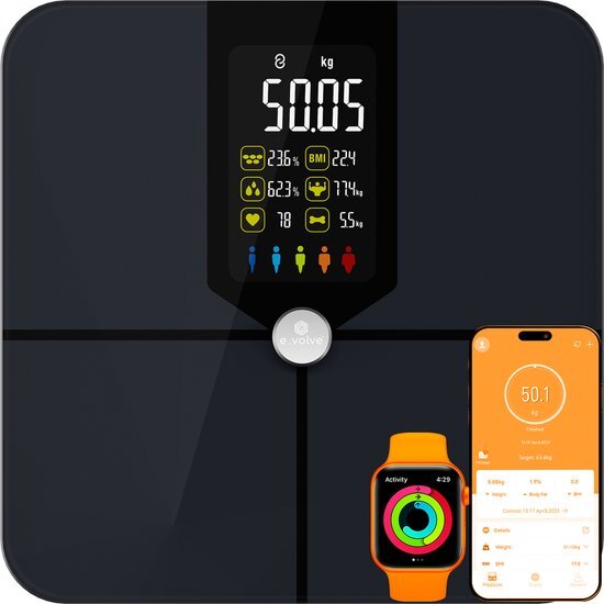 E-Volve Premium Slimme Weegschaal - 15x Lichaamsanalyse o.a. Vetpercentage - Digitale Personenweegschaal met App