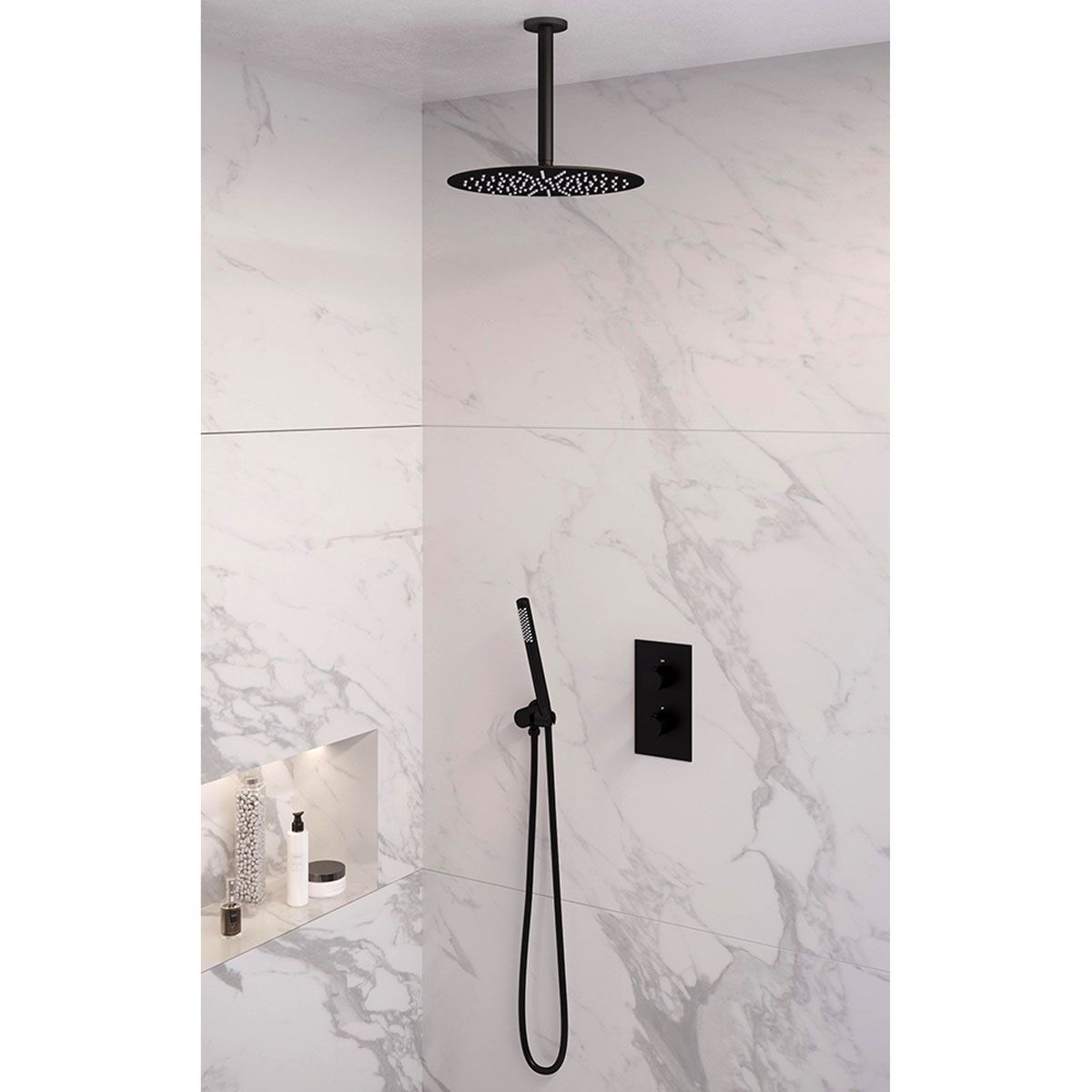 Brauer Regendoucheset 30 Inbouw Muur Black Edition 30cm Rond Mat Zwart 2 Greeps 3-weg met Thermostaatkraan en Staafhanddouche