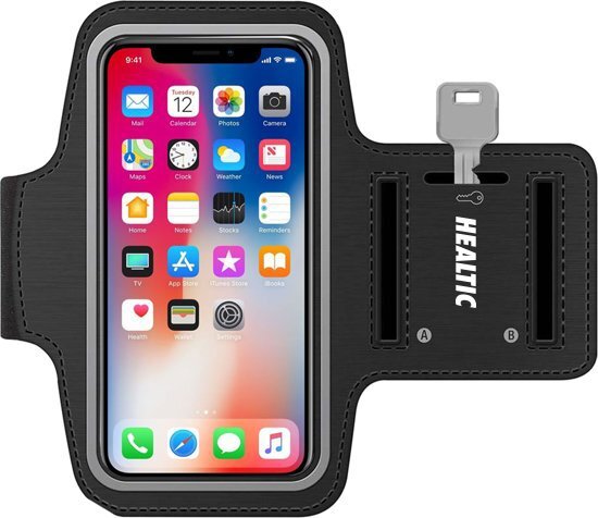 Healtic Universele Smartphone Hardloop Armband Zwart/ Hardloopband Sportband - Hardloopband - Hardloop Riem Met Smartphone Houder / Geschikt voor iPhone Xs / X / 8 / 7 / 6S / 6 -