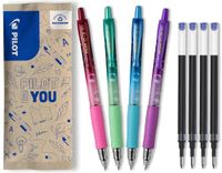 PILOT - Set van 4 G2 Bubble + 4 vullingen - Intrekbare en navulbare gelrollers - Uitstekend schrijfcomfort - Paars, groen, turquoise, bordeauxrood omhulsel - Blauwe inkt - Medium punt