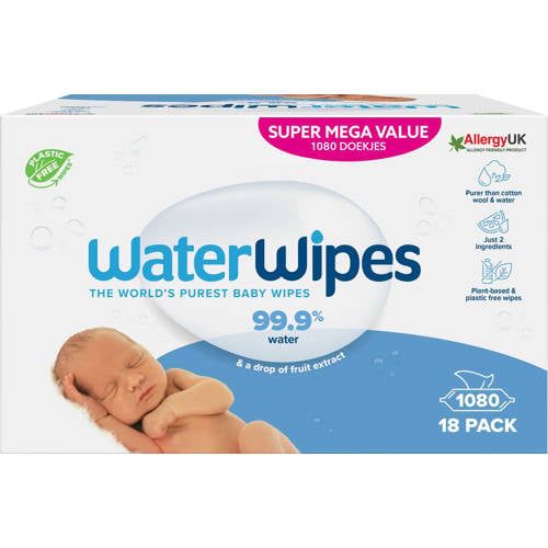 WaterWipes Billendoekjes Bio - 1080 Doekjes (18 x 60 stuks) - Voor Alle Huidtypes - Hypoallergeen & pH-neutraal