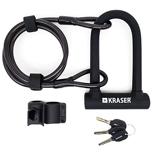 KRASER KR65145B Beugelslot Universal Fietsslot U Hoge beveiliging + Flex Stalen Kabel 120cm + Montagebeugel