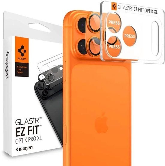 Spigen Camera Lens Protector Geschikt voor Apple iPhone 17 Pro - Glas.tR EZ Fit Optik Pro XL - 9H Tempered Glass - Gemakkelijke Installatie - Oranje 1-Pack