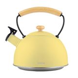 briebe Retro Waterketel Inductie, Fluitketel 2,3 L, Roestvrijstalen, Houten Handvat Cool-Touch Theepot Keuken, Glaskeramische kookplaat, Gas, Elektrische kookplaat, Vintage Teapot, Pastelgeel