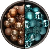 Bellatio Decorations Boules de Noël mix - 74-delig - bleu turquoise et marron camel - 6 cm - kunststof