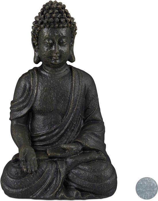 Relaxdays relaxdays boeddha beeld - 30 cm hoog - tuindecoratie - tuinbeeld - Boeddhabeeld - zittend donkergrijs
