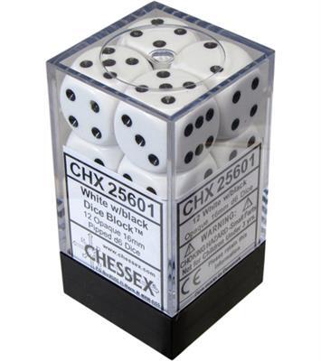 Chessex Dobbelstenen Wit/Zwart 16mm (12 stuks)