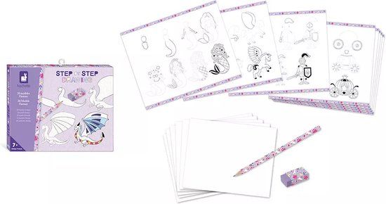 Janod - Step by Step Drawing - Leren Tekenen - 20 Fantasie Sjabloon Tekenset voor Kinderen - Vanaf 7 Jaar