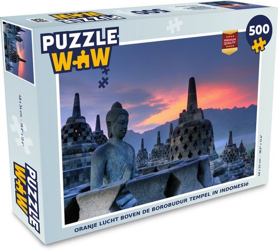 MuchoWow Puzzel Oranje lucht boven de Borobudur tempel in Indonesië - Legpuzzel - Puzzel 500 stukjes