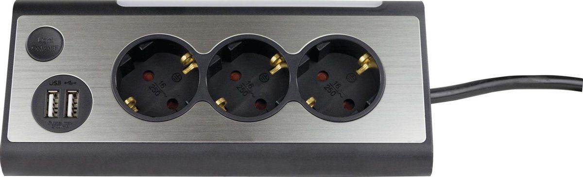 REV Stekkerdoos 3-voudig met LED en 2 USB aansluitingen - Zwart/RVS