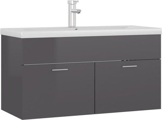 vidaXL Wastafelkast met ingebouwde wastafel hout hoogglans grijs