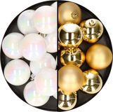 Merkloos / Sans marque 24x stuks kunststof kerstballen mix van goud en parelmoer wit 6 cm - Kerstversiering