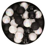 Merkloos / Sans marque Kleine kerstballen - 28x st - zwart en wit parelmoer - D3 cm - kunststof - kerstversiering