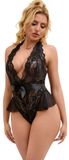 QUEEN LINGERIE Deep V Backless Lace Teddy S/M Zwart