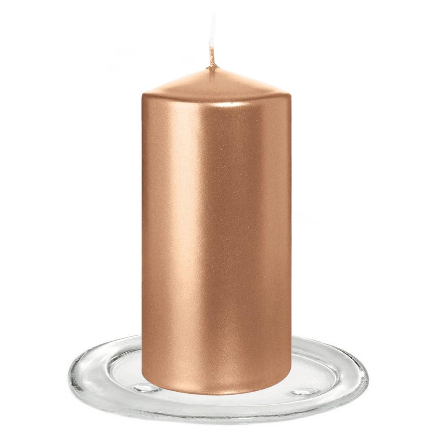 Trend Candles - Stompkaarsen met glazen onderzetters set van 2x stuks rose goud 6 x 12 cm