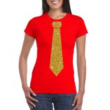 Bellatio Decorations Rood fun verkleed t-shirt - met stropdas - in glitter goud - dames - korte mouwen XL