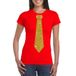 Bellatio Decorations Rood fun verkleed t-shirt - met stropdas - in glitter goud - dames - korte mouwen XL