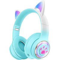 ELVANZA Bluetooth-hoofdtelefoon met kattenoren, gaming-hoofdtelefoon, RGB-verlichting met kleurverloop, dubbele modus Bluetooth 5.3 + bedraad, lichte oorkussens van kunstleer, blauw