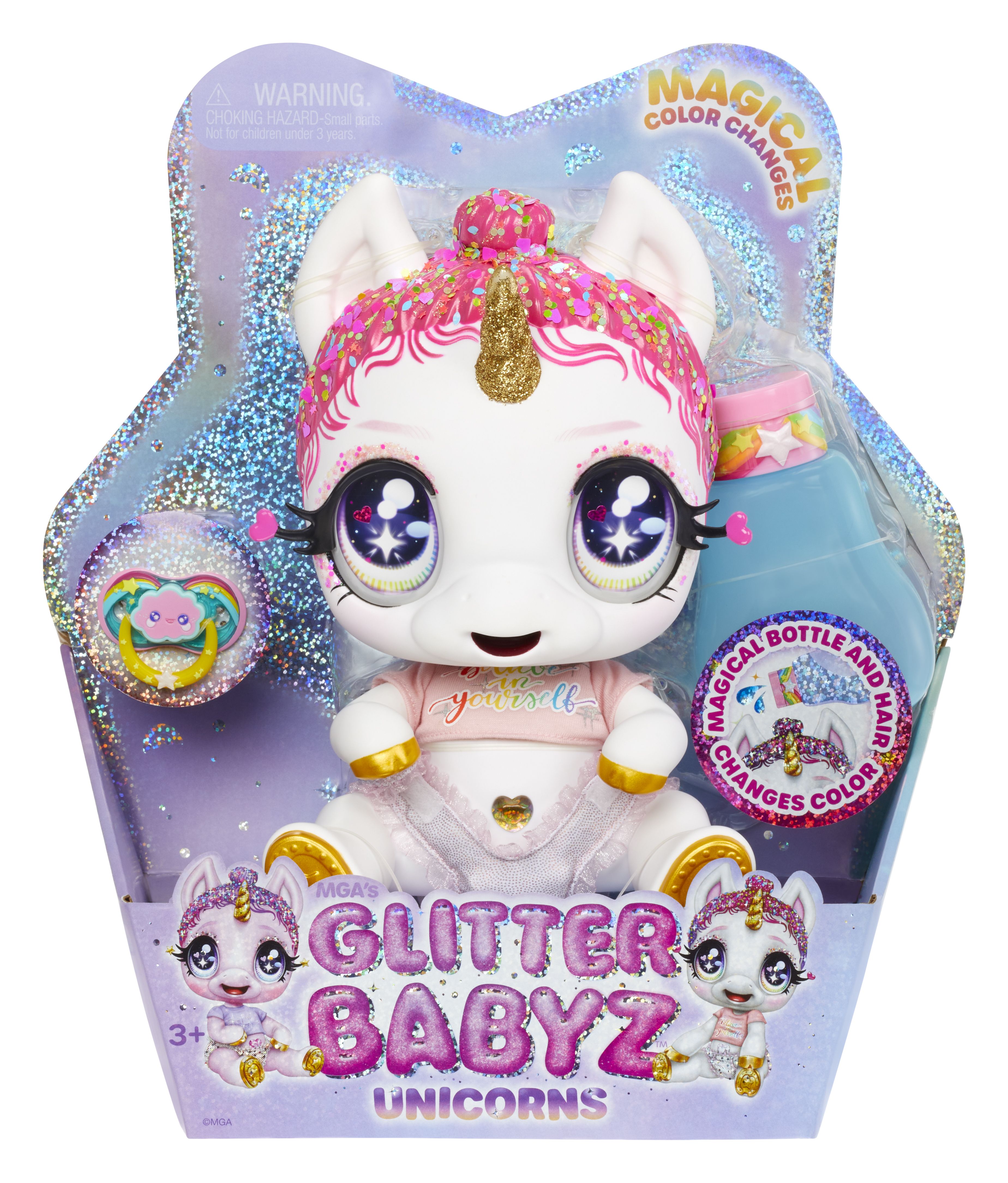 MGA Entertainment Glitter Babyz - Lunita Sky Witte Regenboog - Eenhoornpop - Babypop - 3+ jaar