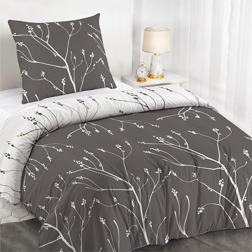 Dreamzie dekbedovertrek 140x200 cm met 1 kussensloop 65x65 cm, abstract grijs wit patroon, 140x200 beddenset met ritssluiting, eenpersoonsbedlinnen, Oeko TEX