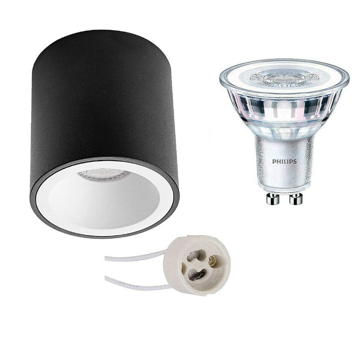 BES LED Opbouwspot Set - Pragmi Cliron Pro - GU10 Fitting - Opbouw Rond - Mat Zwart/Wit - Verdiept - Ø90mm - Philips - CorePro 830 36D - 4W - Warm Wit 3000K - Dimbaar