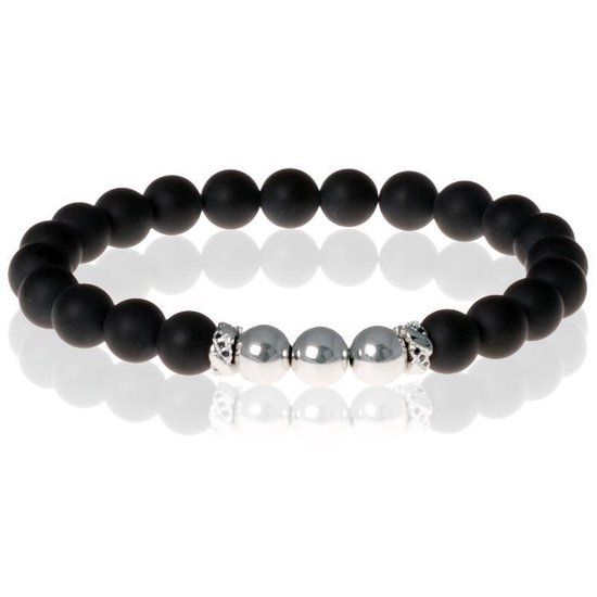 Memphis Accessories Kralen armband Memphis Agaat Zwart Zilverkleurig Elastisch Unisex 19 cm