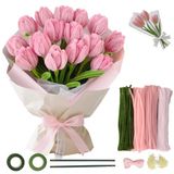 Cozary 400 stuks tulipboeket pijpenreinigerset (4 kleuren), pijpreiniger met 20 stuks groene knutseldraad, 2 stuks plakband, 1 lint en 160 stuks bloemen stofblad voor doe-het-zelf boeket