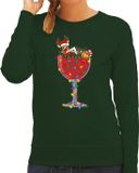 Bellatio Decorations Foute Kersttrui / sweater voor dames - cocktailglas met Rudolf - groen - kerstcadeau L