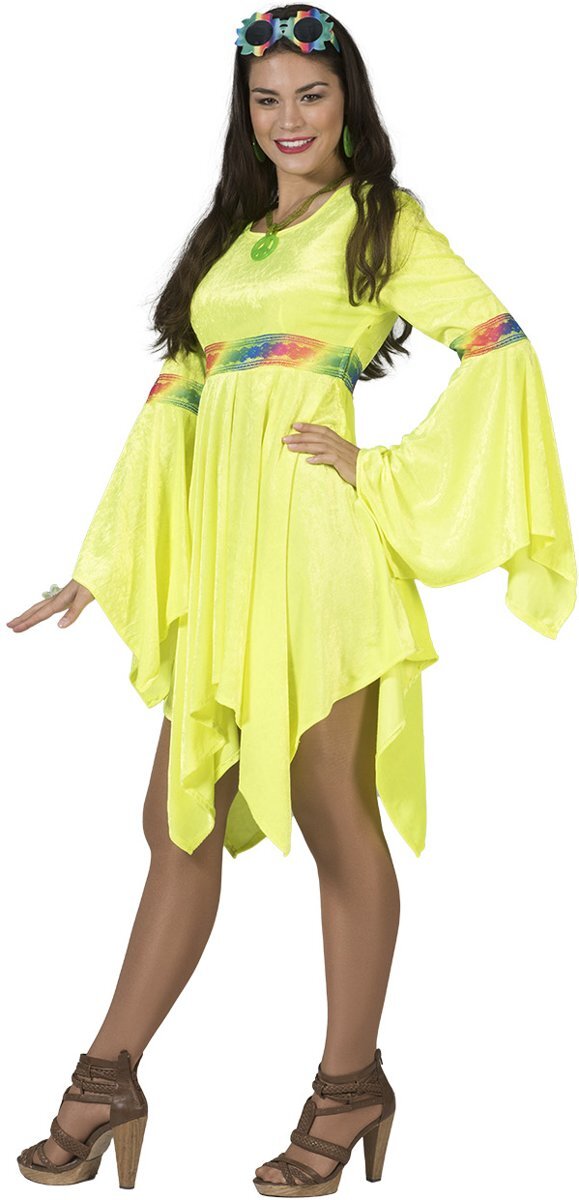 Funny Fashion Fluo geel hippie jurk voor vrouwen - Verkleedkleding - Maat M