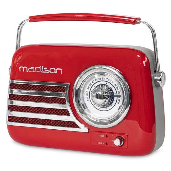 Madison Sound Madison FREESOUND-VR40R Vintage Radio 30W op Batterij - Bluetooth, FM, USB, AUX, Subwoofer - Rood
